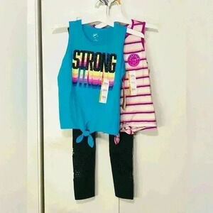 Justice Girls Bundle Blue Strong and Striped Tank Top Black Legging size L 12-14